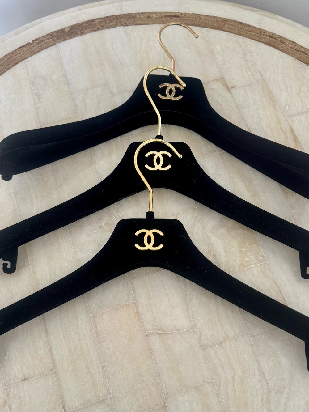 CHANEL Black Velvet Hangers with Gold CC Emblems - Set of 3 - Picture 2 of 5